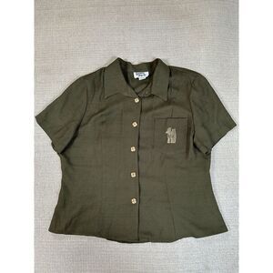 Vintage Women's Y2K Beach Green Overshirt w/ Pocket Graphic Button Up Size Small